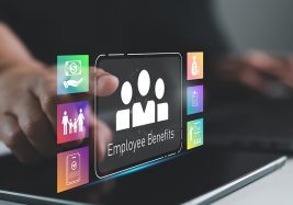 Hand touching virtual screen with employee benefits icons, corporate HR management, compensation, health insurance, work life balance and digital payroll systems. Workplace wellness.
