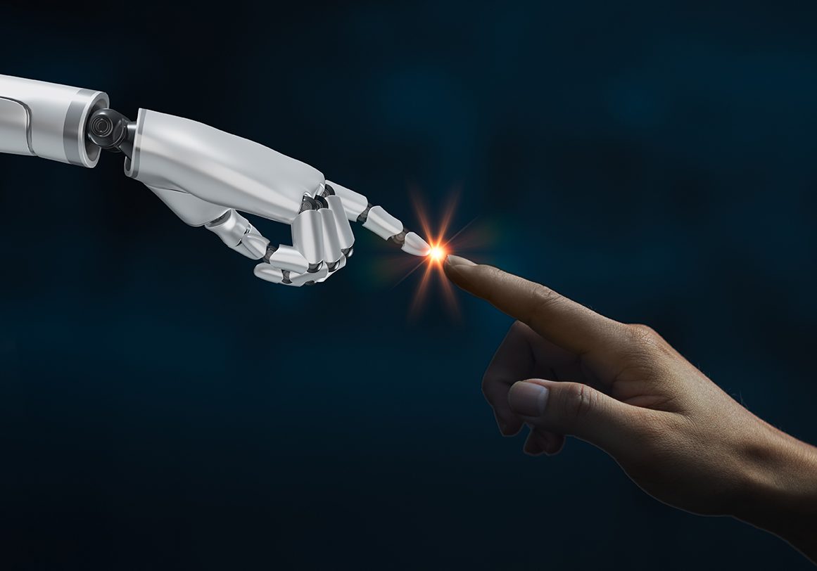 Hand human finger touch cyborg robot white 3d rendering.