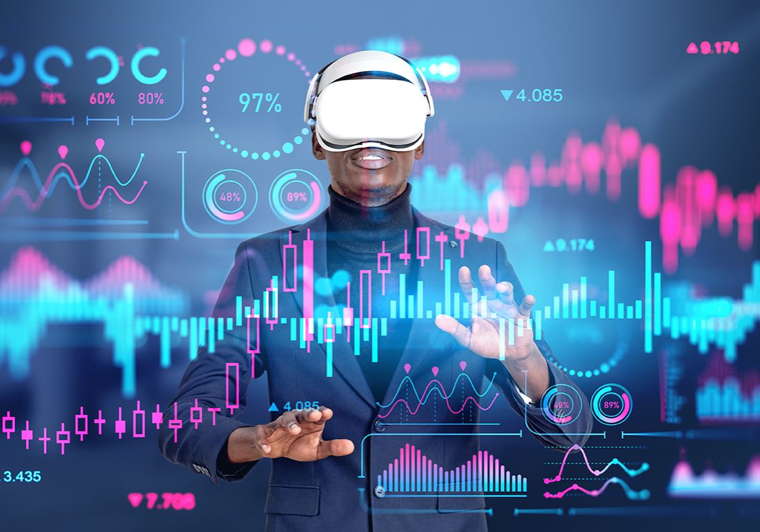 Black businessman working in vr glasses, hands touching colorful forex analysis on virtual screen, stock market candlesticks hud with lines and graphs. Concept of trading